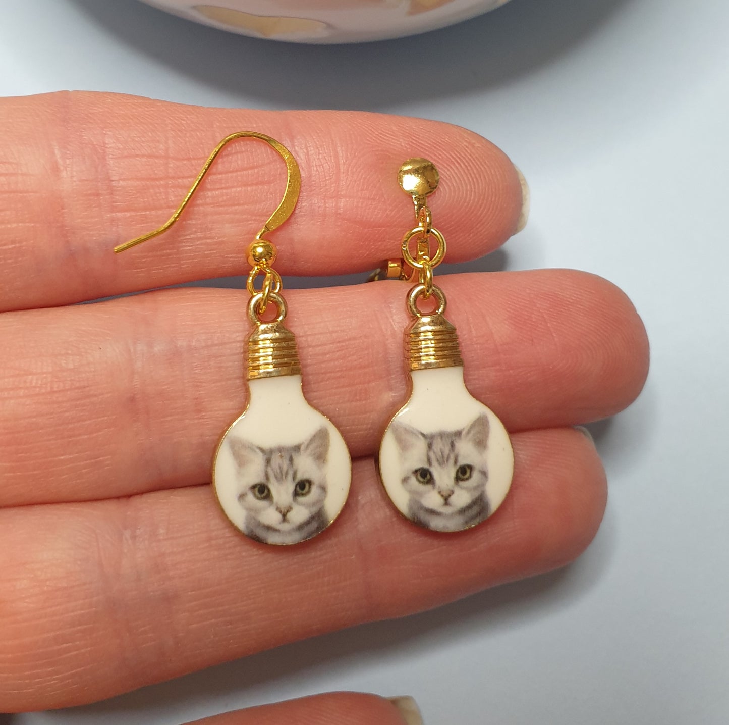 Cat Face Lightbulb Earrings. Nickel Free or Clip On