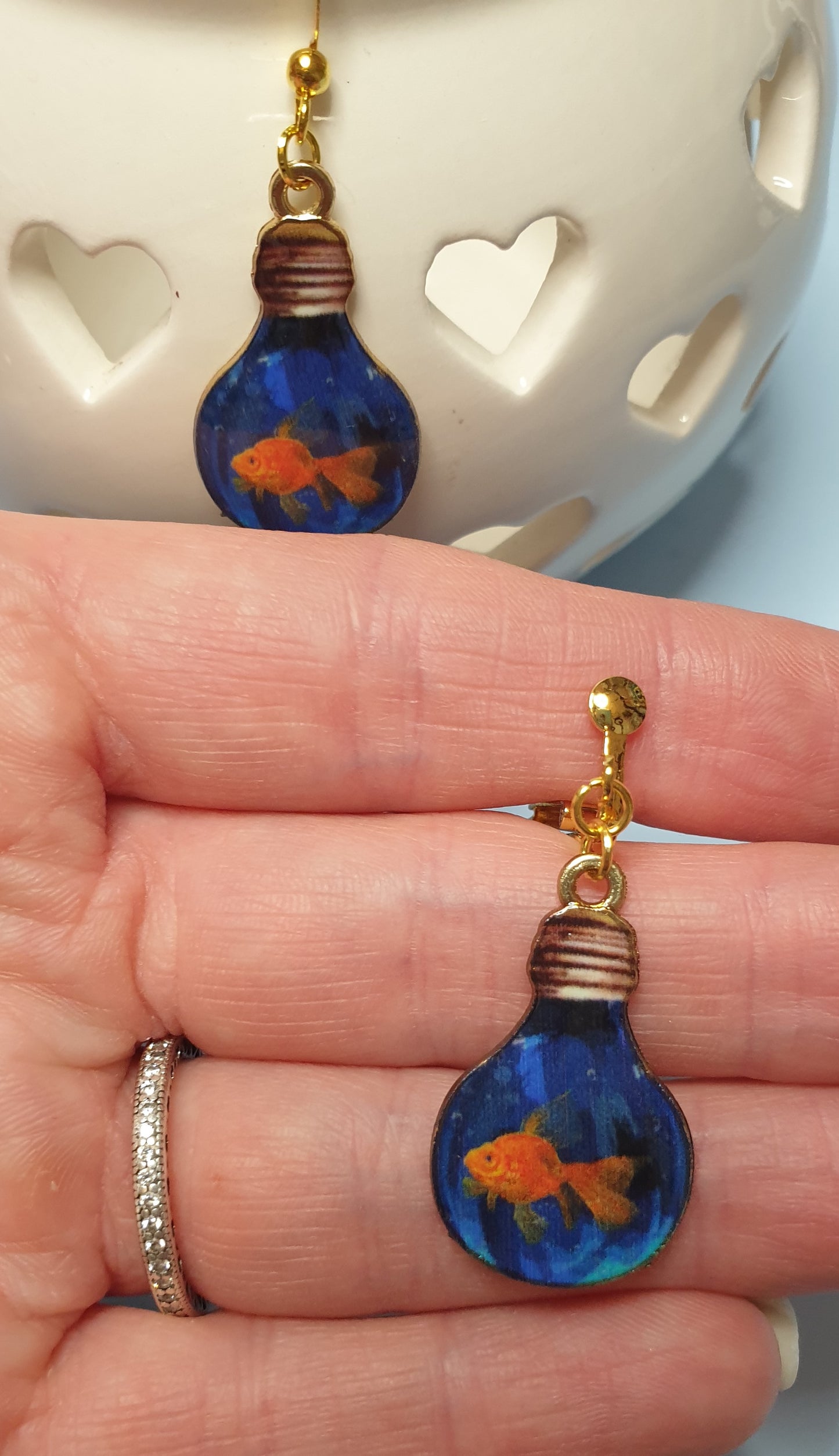 Goldfish Fish Lightbulb Earrings.  Nickel Free Wires or Clip Ons