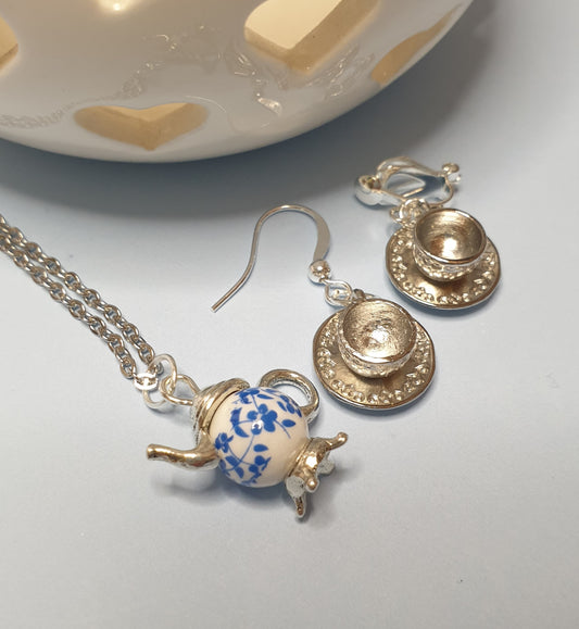 Tea For Two Necklace and Earring Set. Nickel Free Wires or Clip Ons