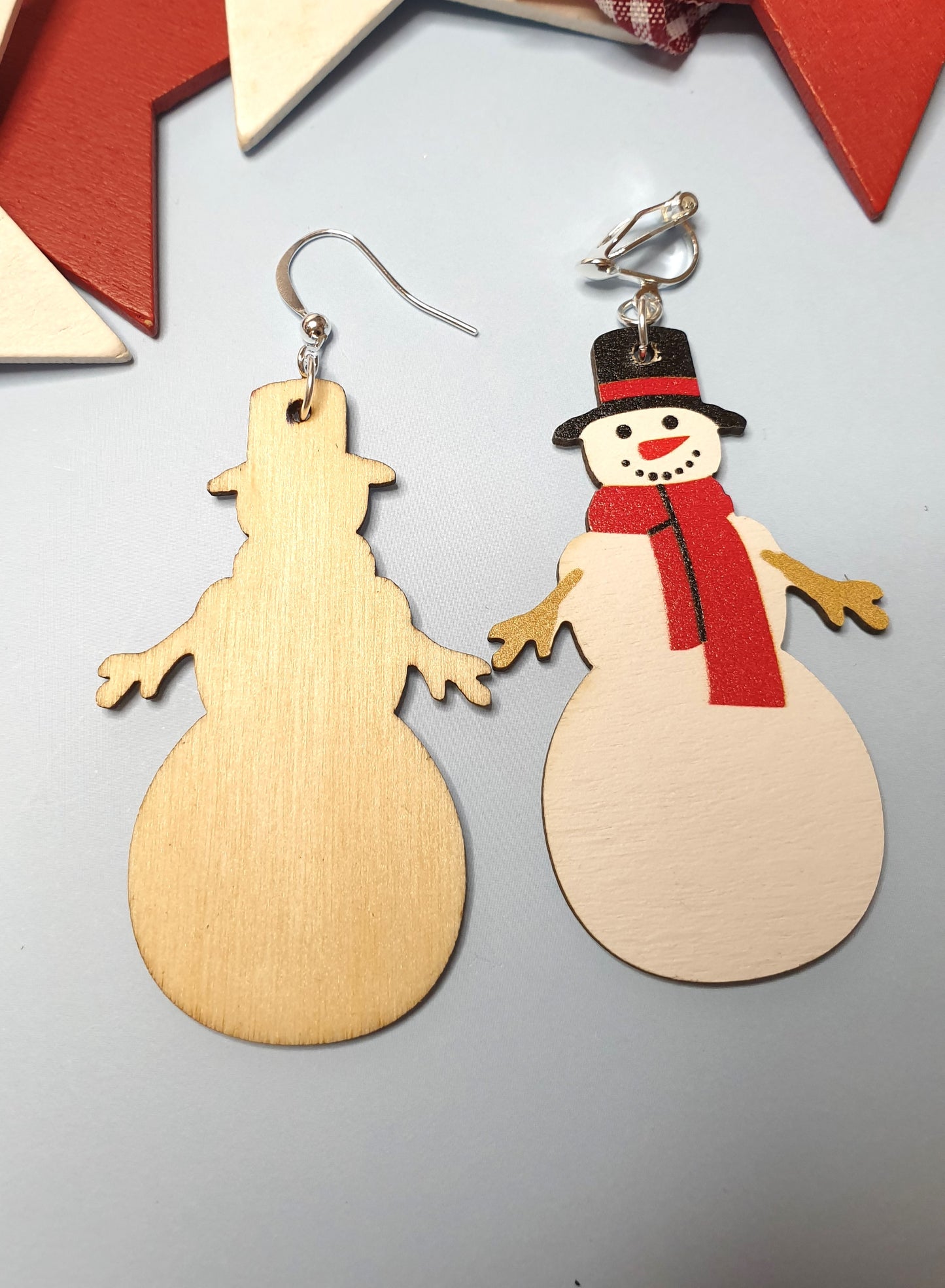 Wooden Snowmen Earrings.  Christmas Snow Person Earrings. Nickel Free Wires or Clip Ons. Quirky Statement Earrings