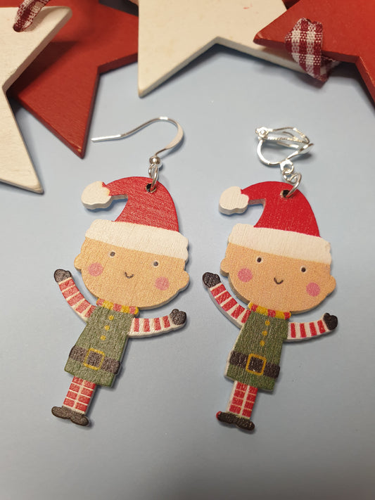 Cute Wooden Christmas Elf Earrings. Nickel Free Wires or Clip Ons. Christmas Jewellery