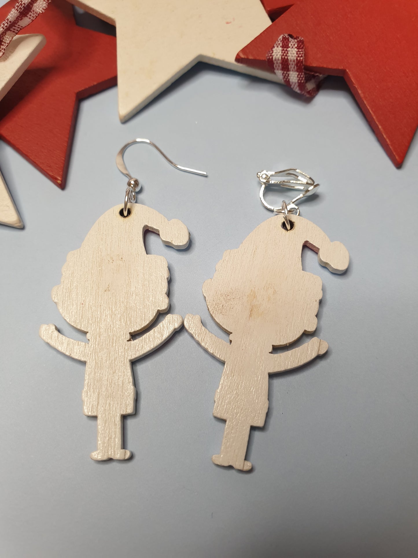 Cute Wooden Christmas Elf Earrings. Nickel Free Wires or Clip Ons. Christmas Jewellery