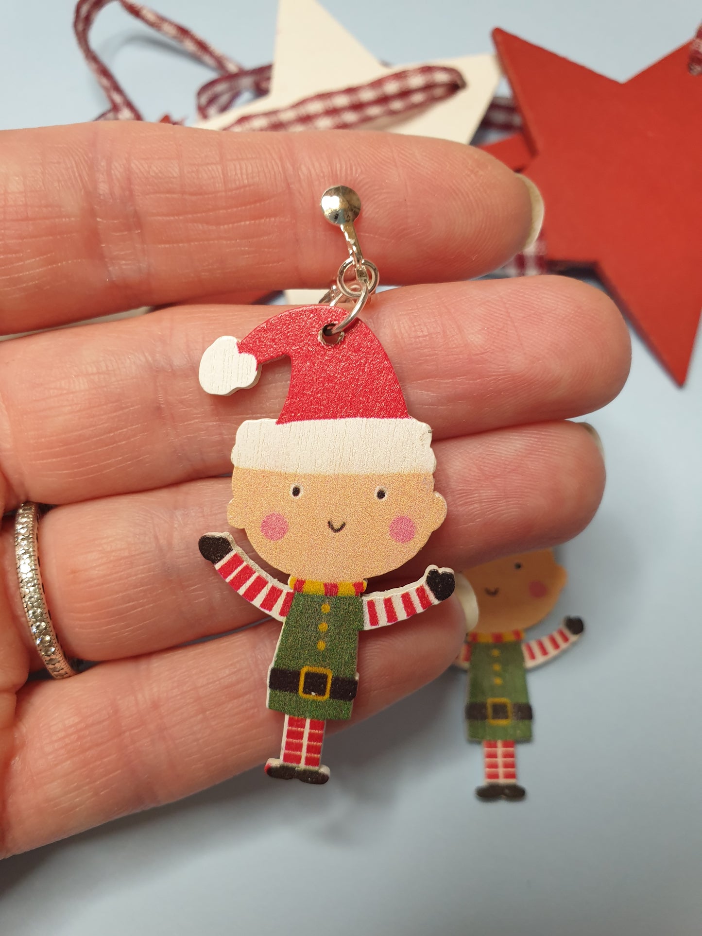 Cute Wooden Christmas Elf Earrings. Nickel Free Wires or Clip Ons. Christmas Jewellery