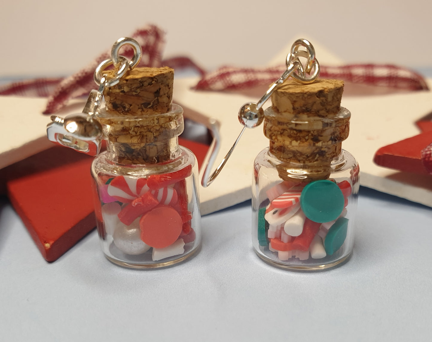 Christmas Candy Jar Earrings.  Nickel Free Wires or Clip Ons