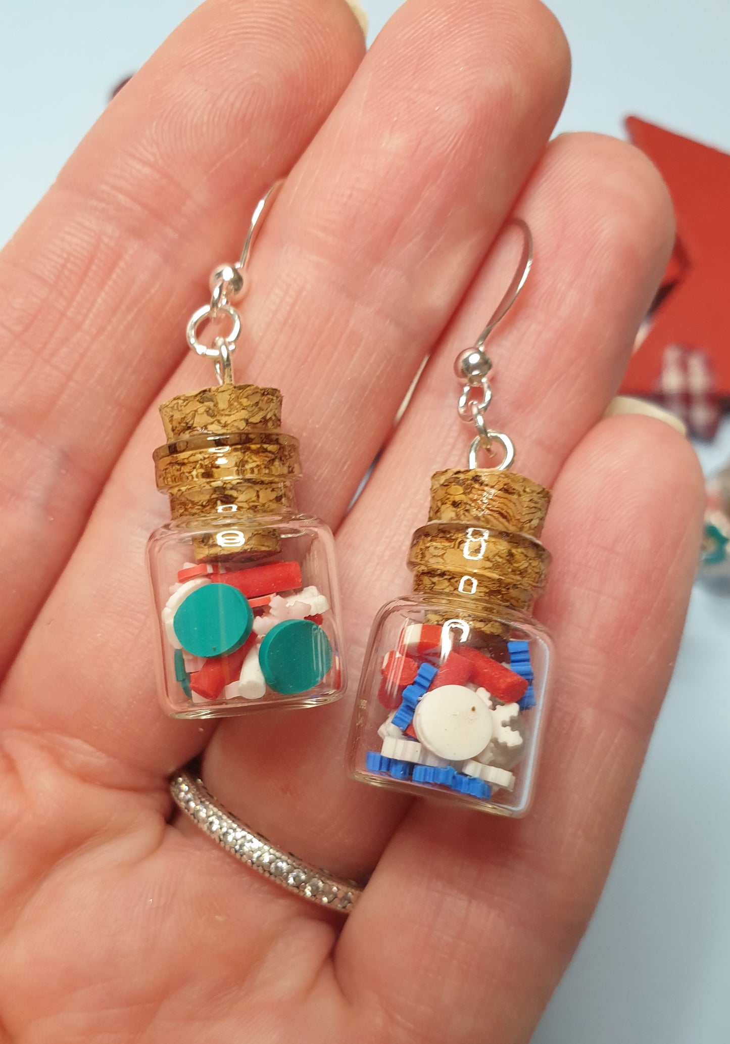 Christmas Candy Jar Earrings.  Nickel Free Wires or Clip Ons