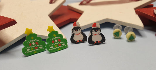 Christmas Stud Earrings. Nickel Free Posts. Christmas Tree and Penguin