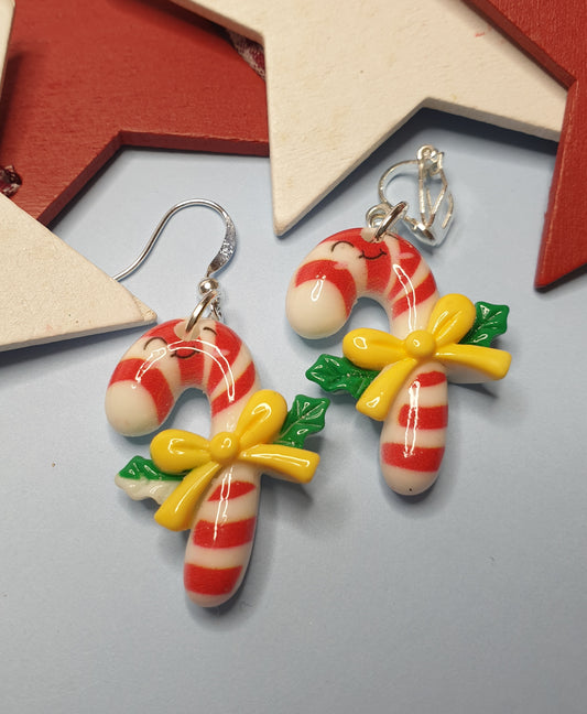 Cute Candy Cane Earrings.  Christmas Earrings. Nickel Free Wires or Clip Ons