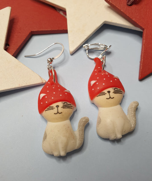 Christmas Cat Earrings. Nickel Free Wires or Clip Ons