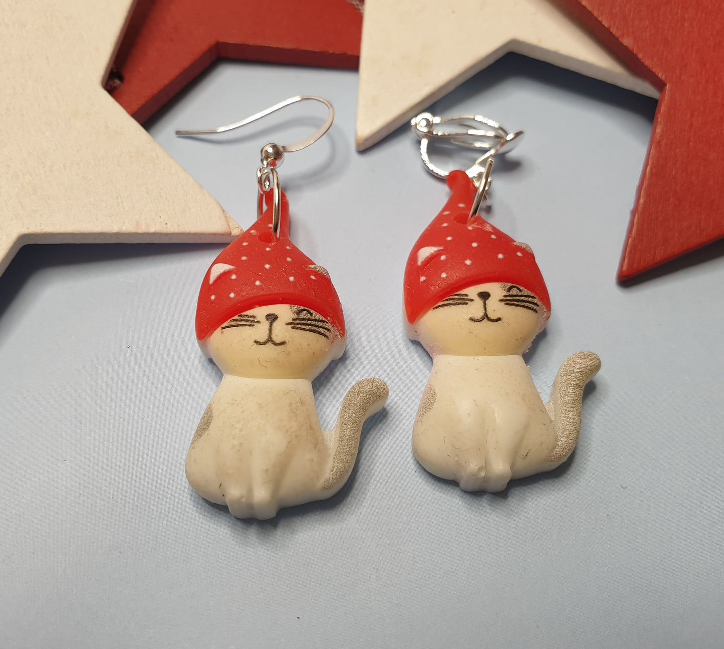 Christmas Cat Earrings. Nickel Free Wires or Clip Ons