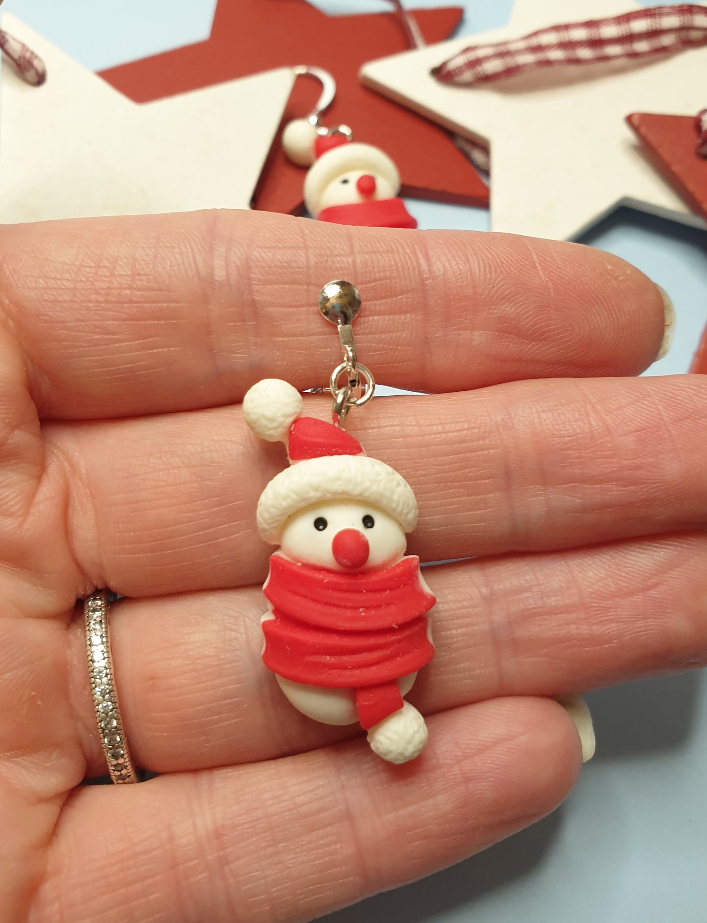 Cosy Snowmen Earrings with Red Scarf. Nickel Free Wires or Clip Ons