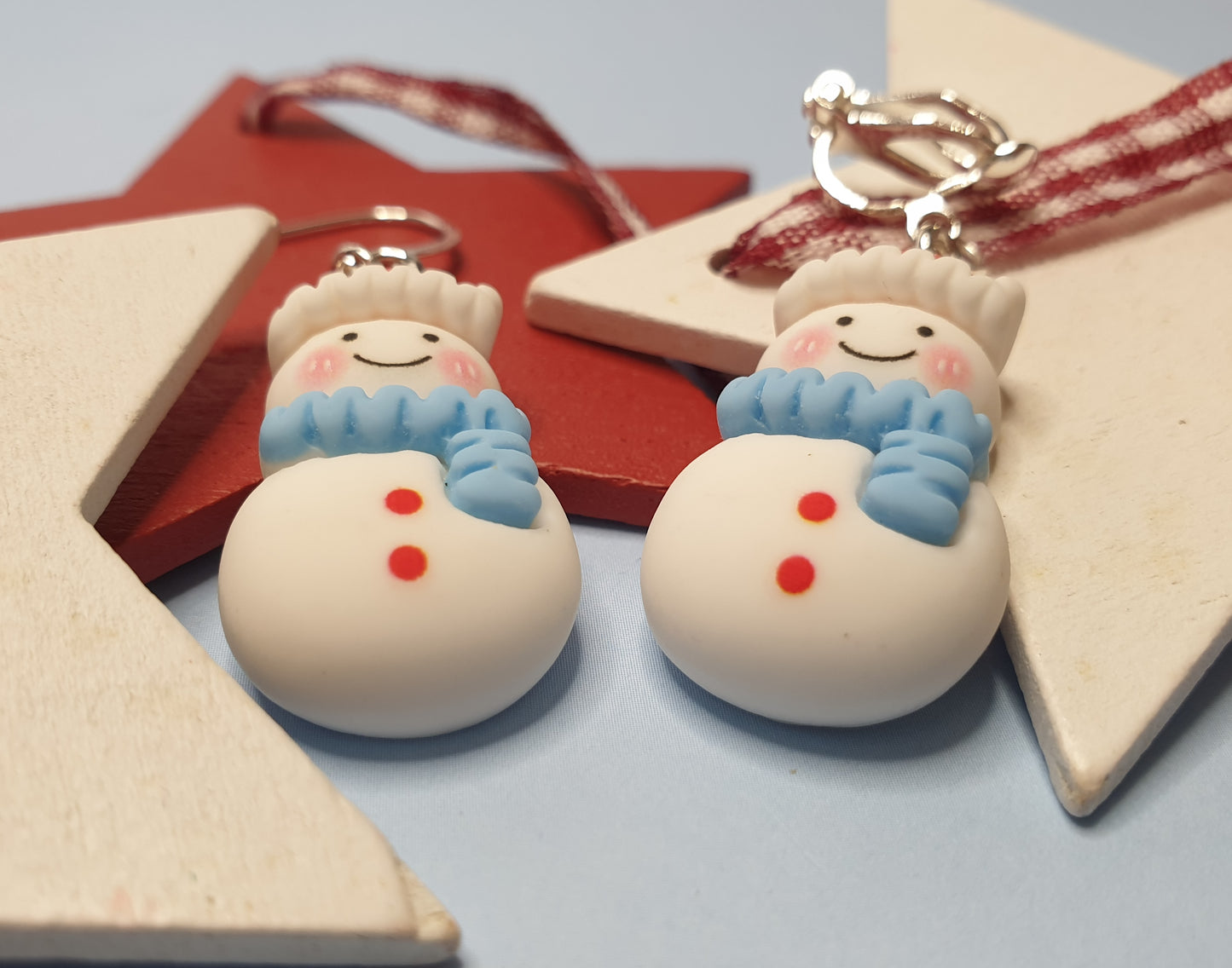 Cute Snowmen Earrings with Blue Scarf.  Nickel Free Wires or Clip Ons