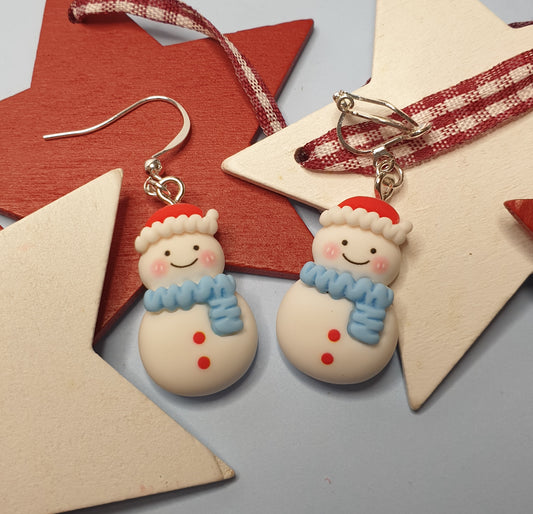 Cute Snowmen Earrings with Blue Scarf.  Nickel Free Wires or Clip Ons