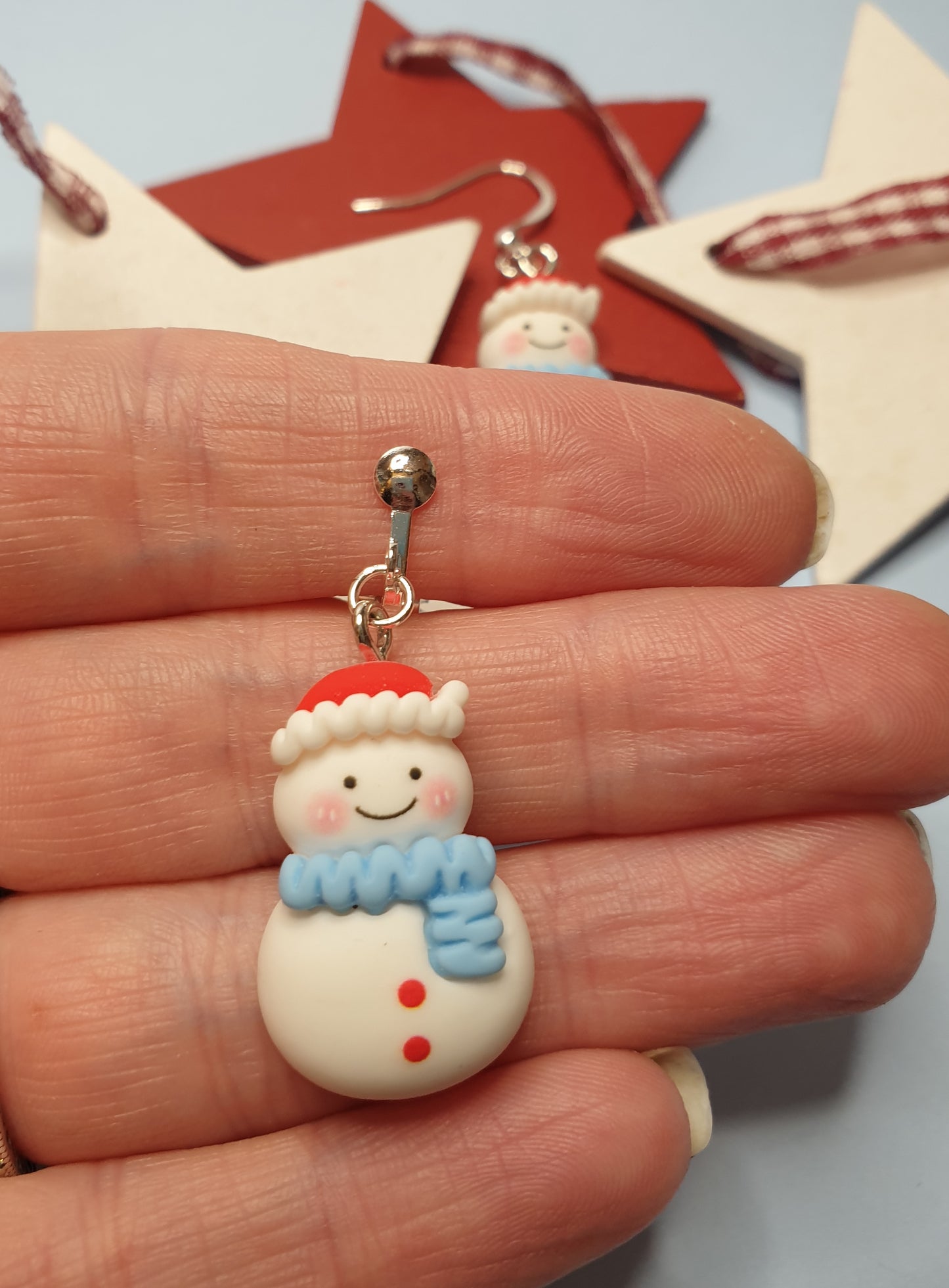 Cute Snowmen Earrings with Blue Scarf.  Nickel Free Wires or Clip Ons