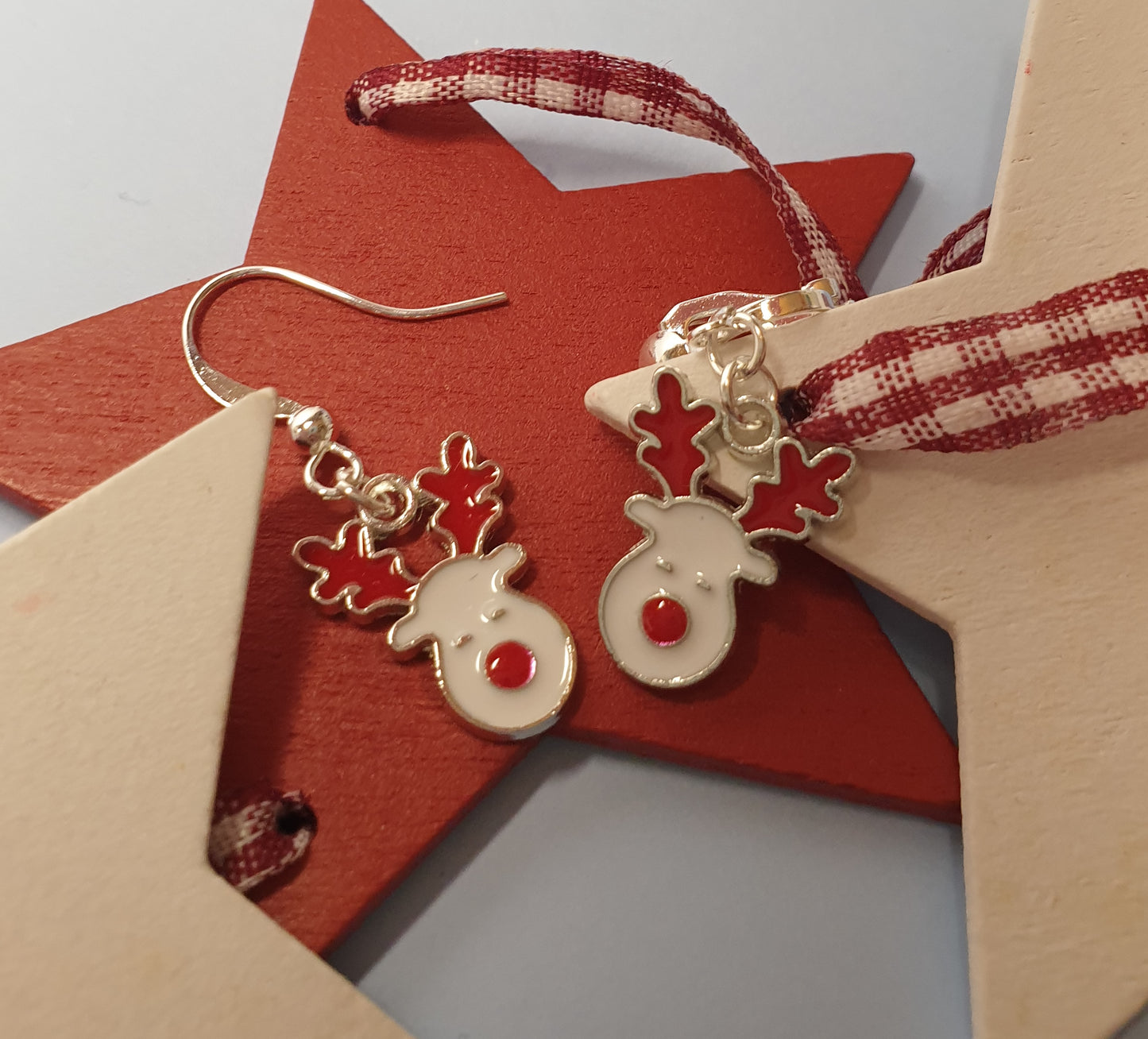 Red and White Rudolph Face Earrings, Nickel Free Wires or Clip Ons