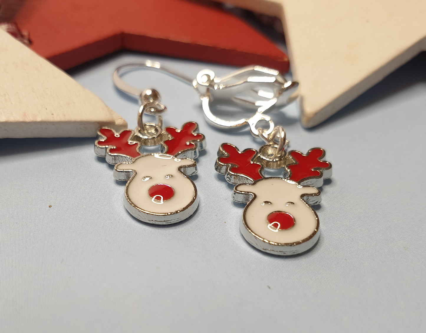 Red and White Rudolph Face Earrings, Nickel Free Wires or Clip Ons