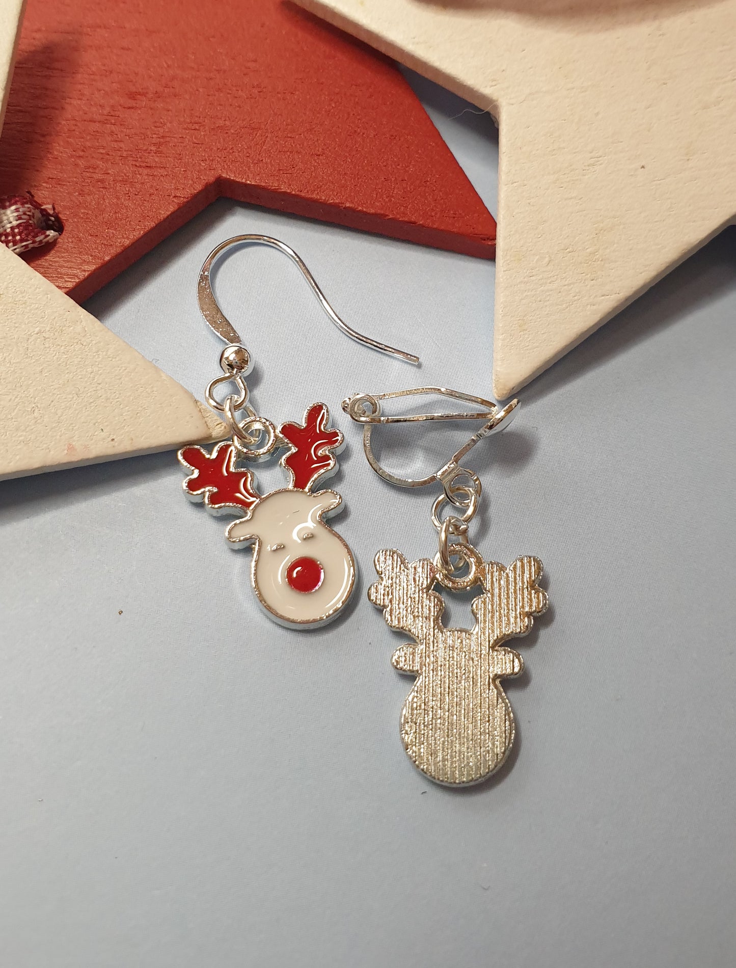 Red and White Rudolph Face Earrings, Nickel Free Wires or Clip Ons