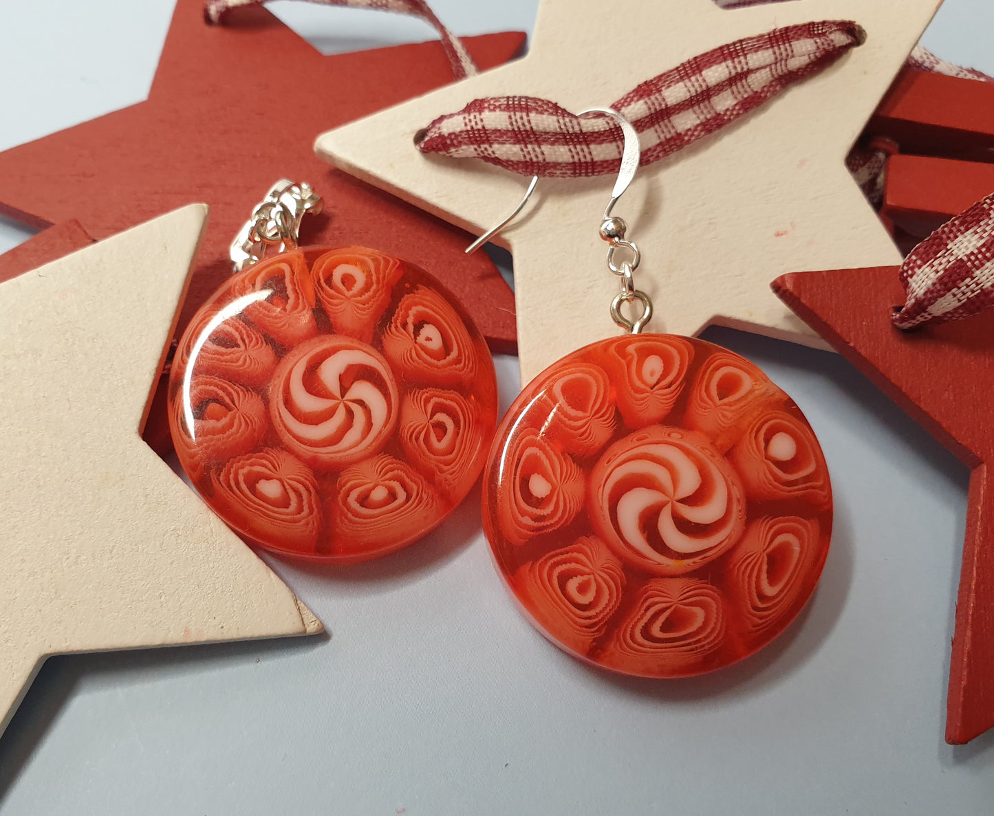 Red Christmas Candy Statement Earrings. Nickel Free Wires or Clip Ons