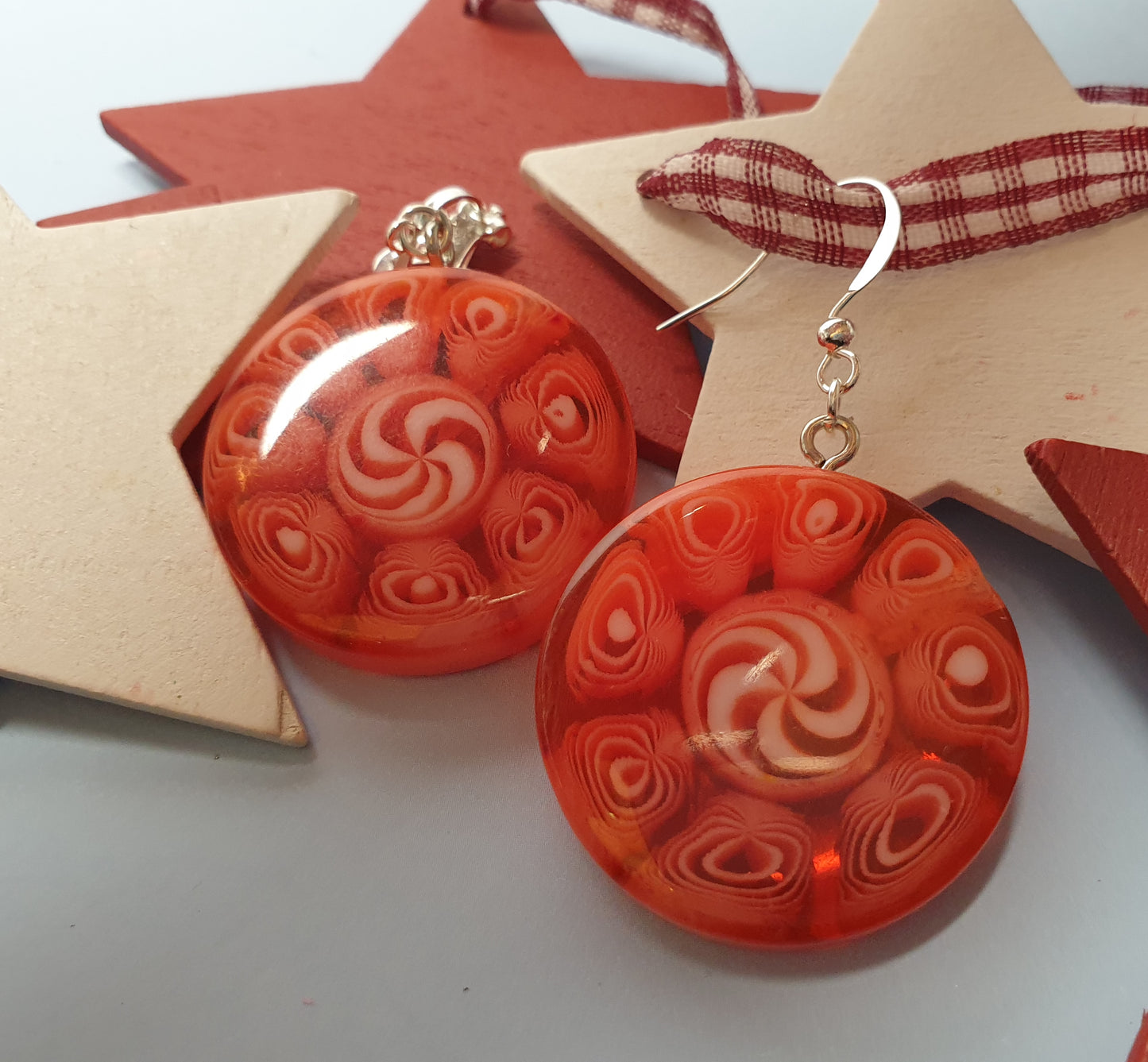 Red Christmas Candy Statement Earrings. Nickel Free Wires or Clip Ons