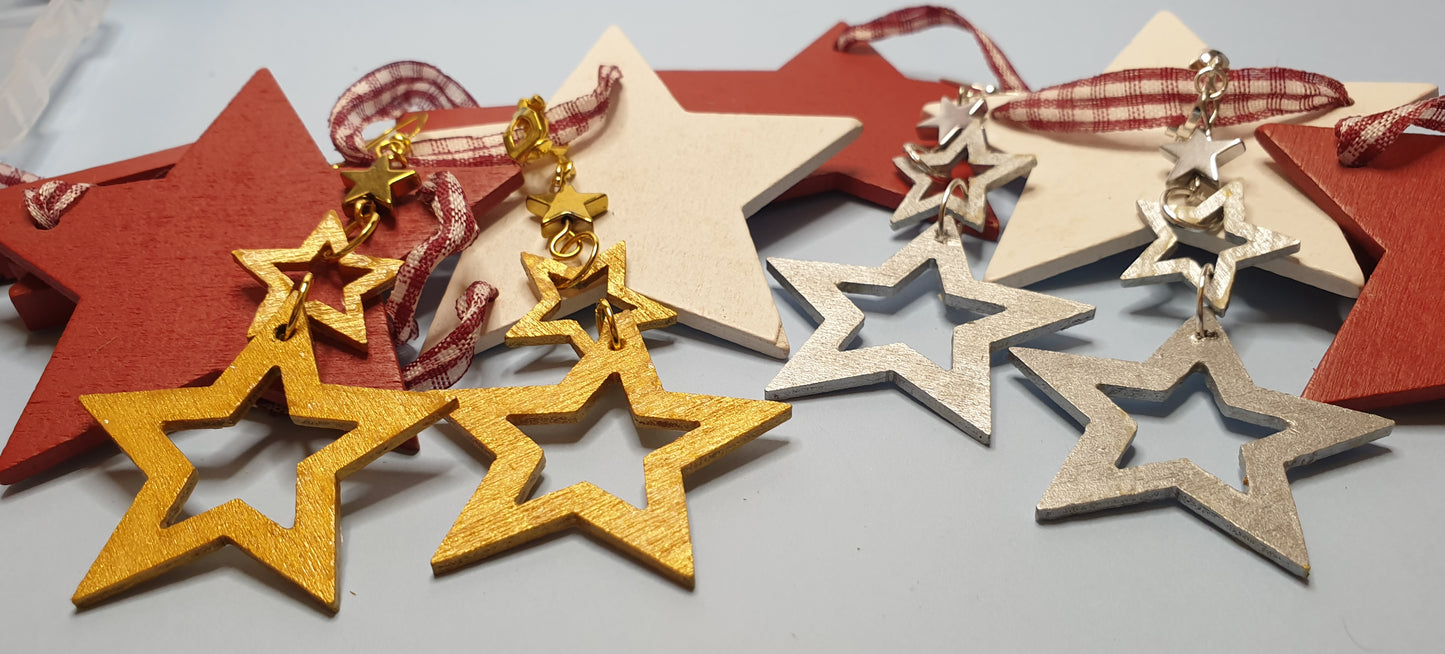 Wooden Triple Star Earrings.  Nickel Free Wires or Clip Ons