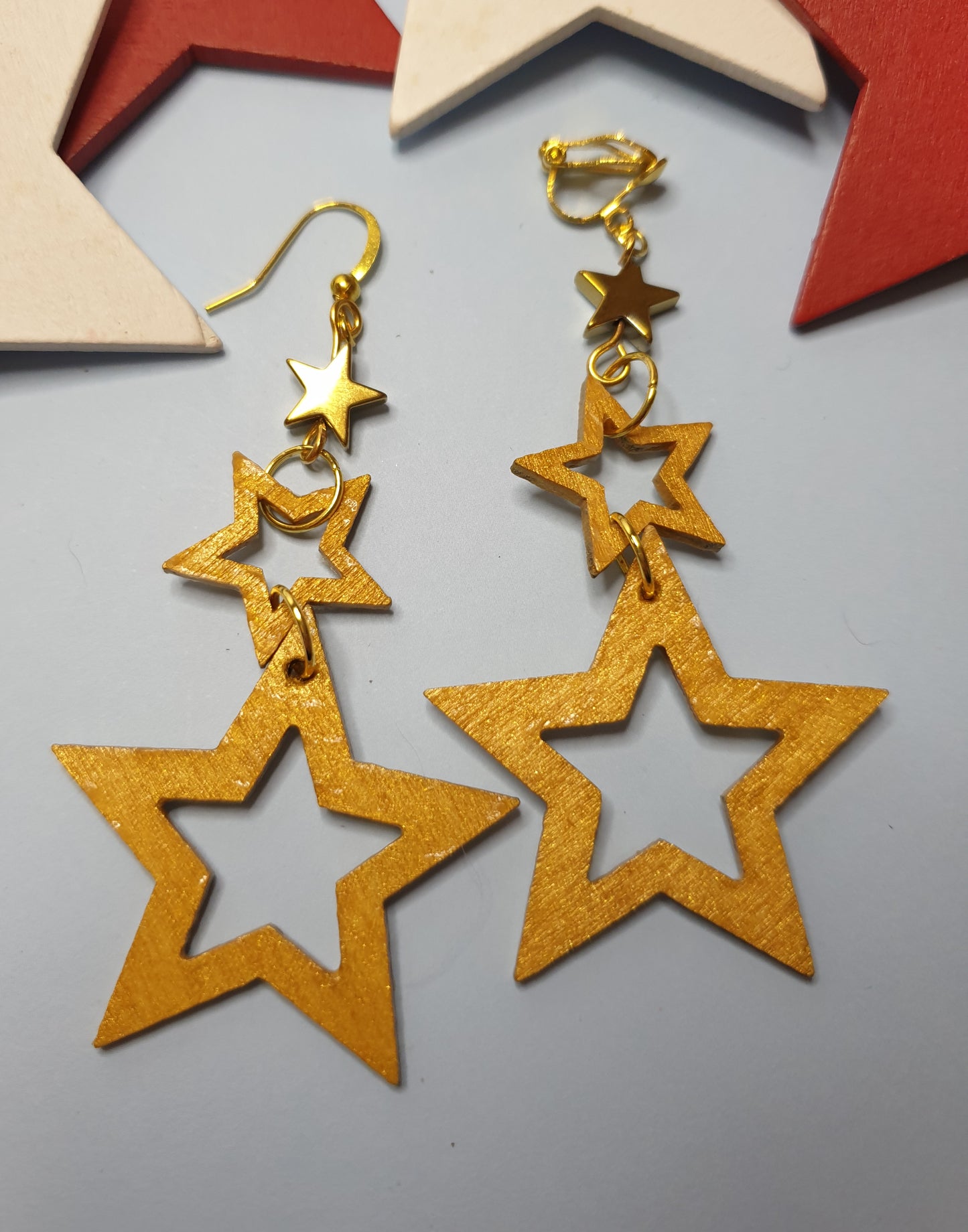 Wooden Triple Star Earrings.  Nickel Free Wires or Clip Ons