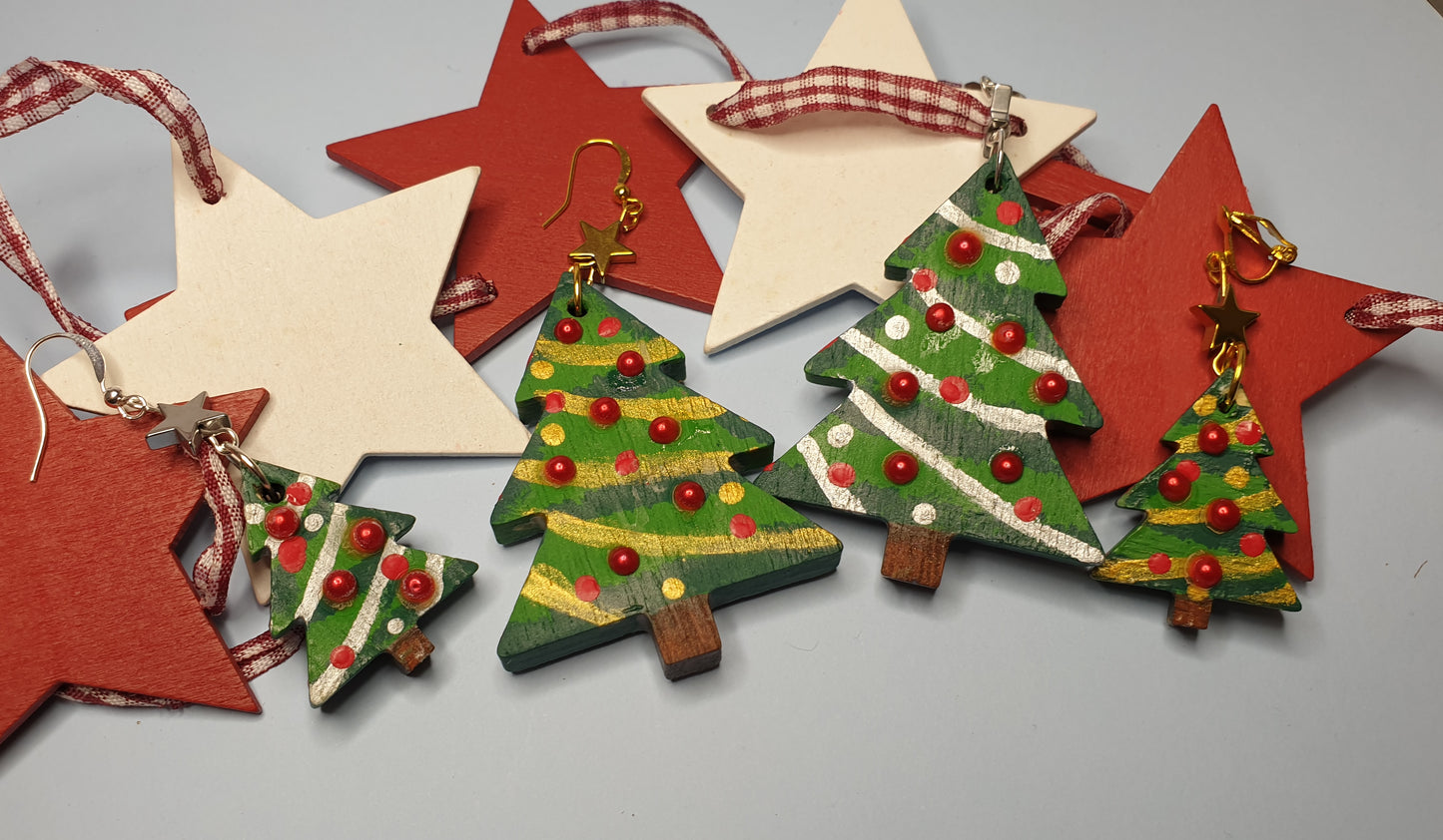 Handpainted Statement Wooden Christmas Tree Earrings. Nickel Free Wires or Clip Ons