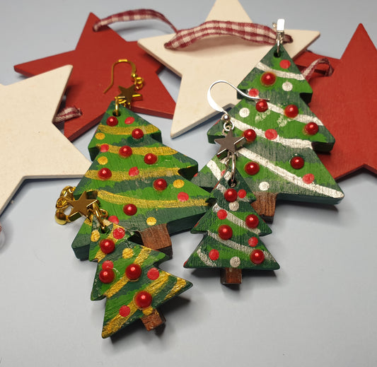 Handpainted Statement Wooden Christmas Tree Earrings. Nickel Free Wires or Clip Ons