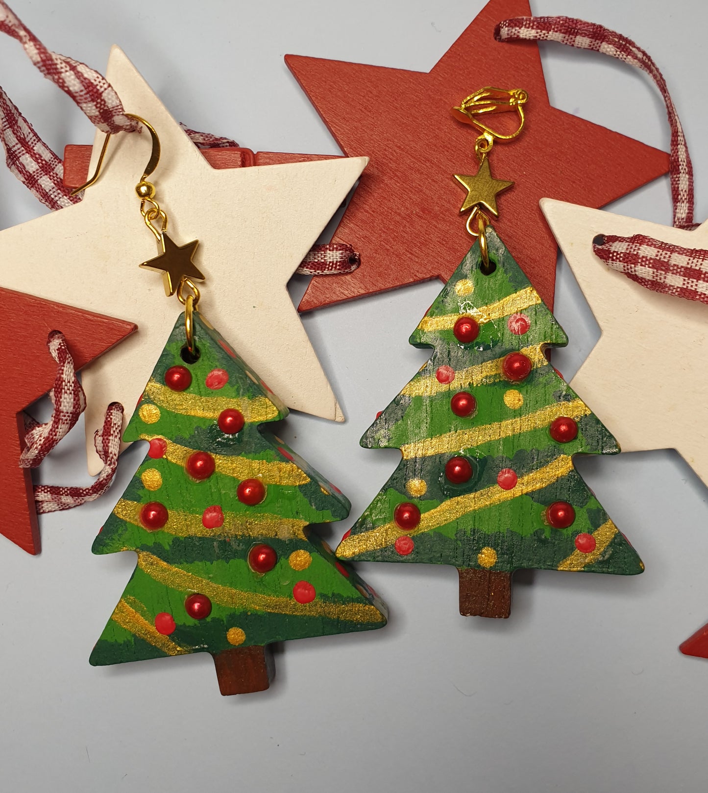 Handpainted Statement Wooden Christmas Tree Earrings. Nickel Free Wires or Clip Ons