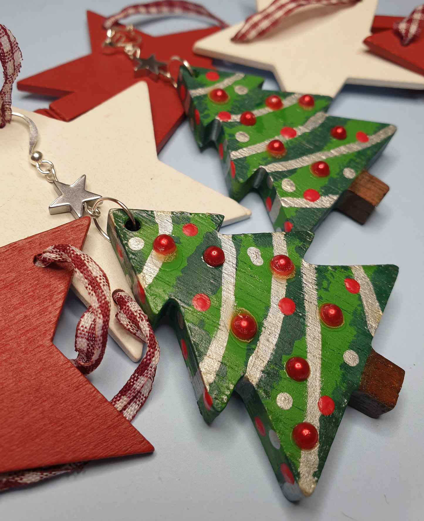 Handpainted Statement Wooden Christmas Tree Earrings. Nickel Free Wires or Clip Ons