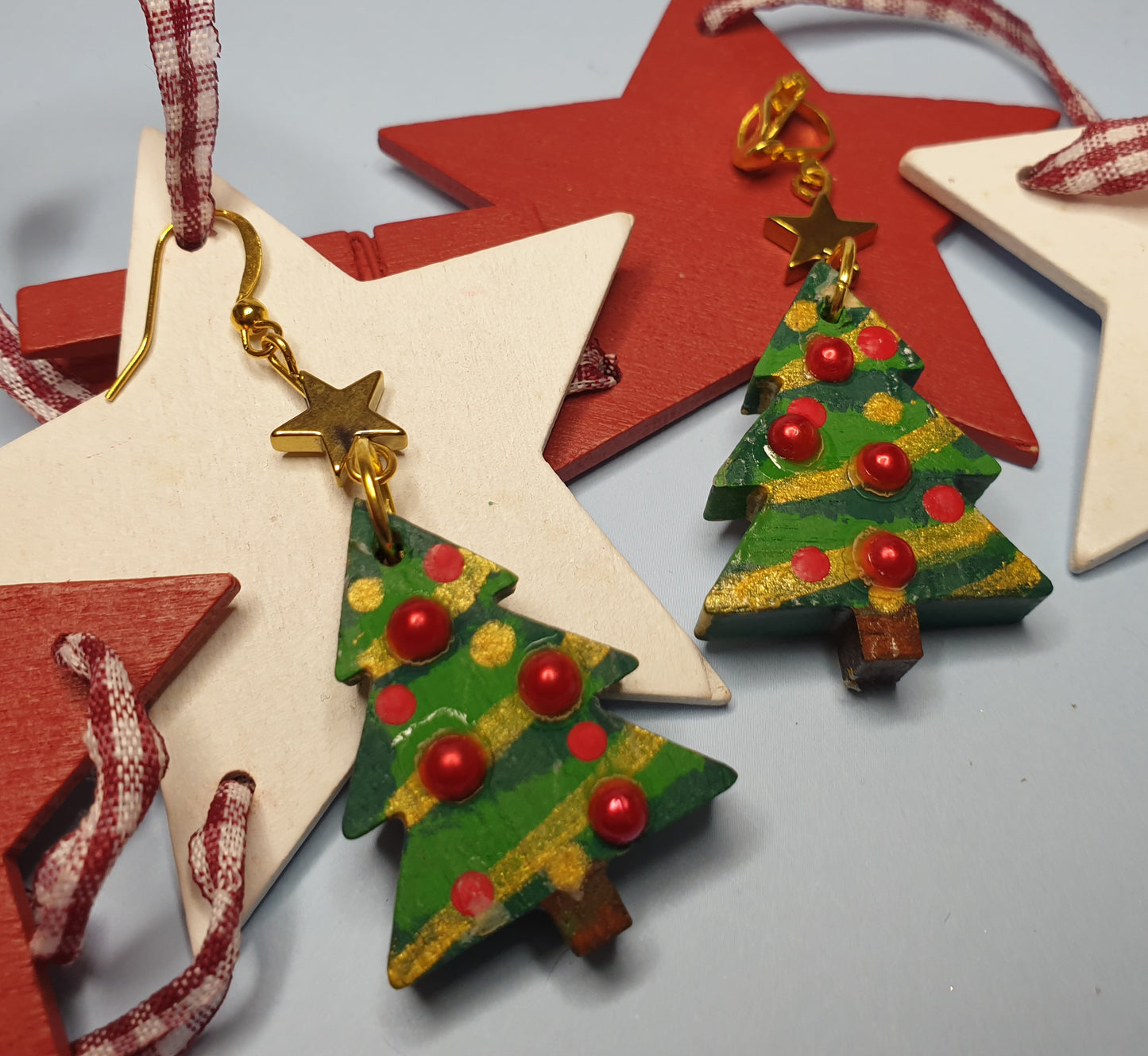 Handpainted Statement Wooden Christmas Tree Earrings. Nickel Free Wires or Clip Ons