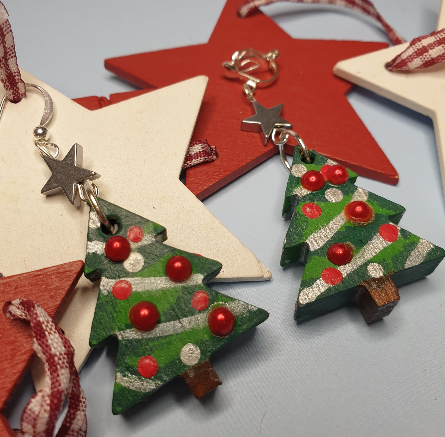 Handpainted Statement Wooden Christmas Tree Earrings. Nickel Free Wires or Clip Ons