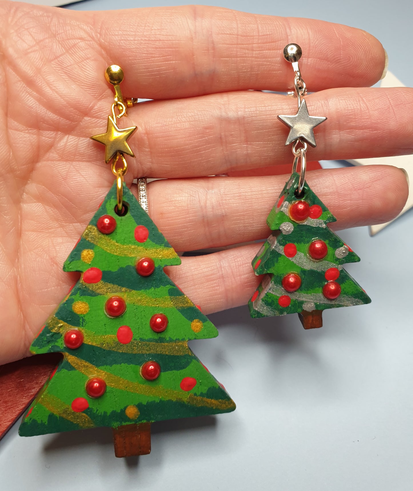 Handpainted Statement Wooden Christmas Tree Earrings. Nickel Free Wires or Clip Ons