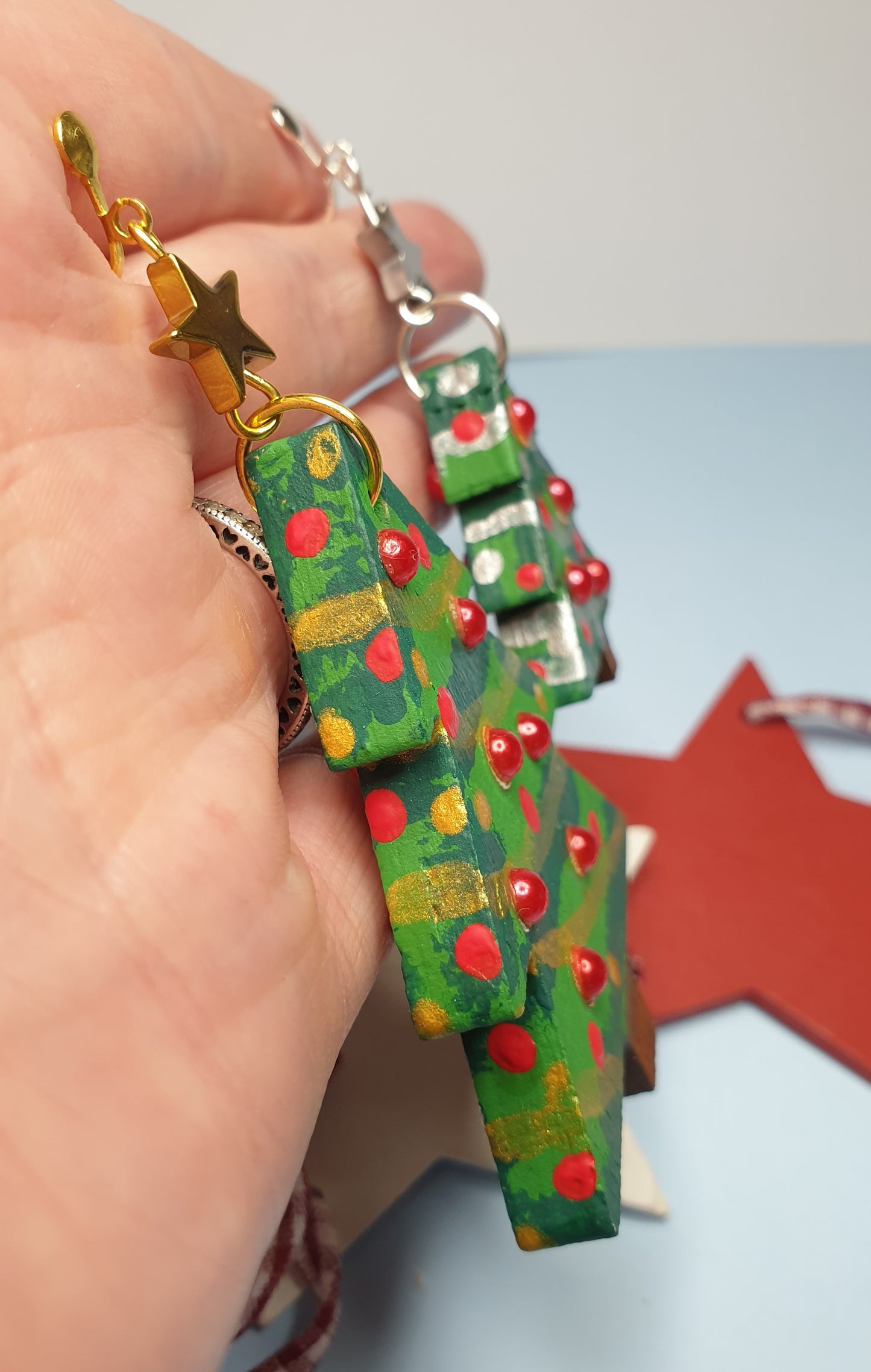 Handpainted Statement Wooden Christmas Tree Earrings. Nickel Free Wires or Clip Ons