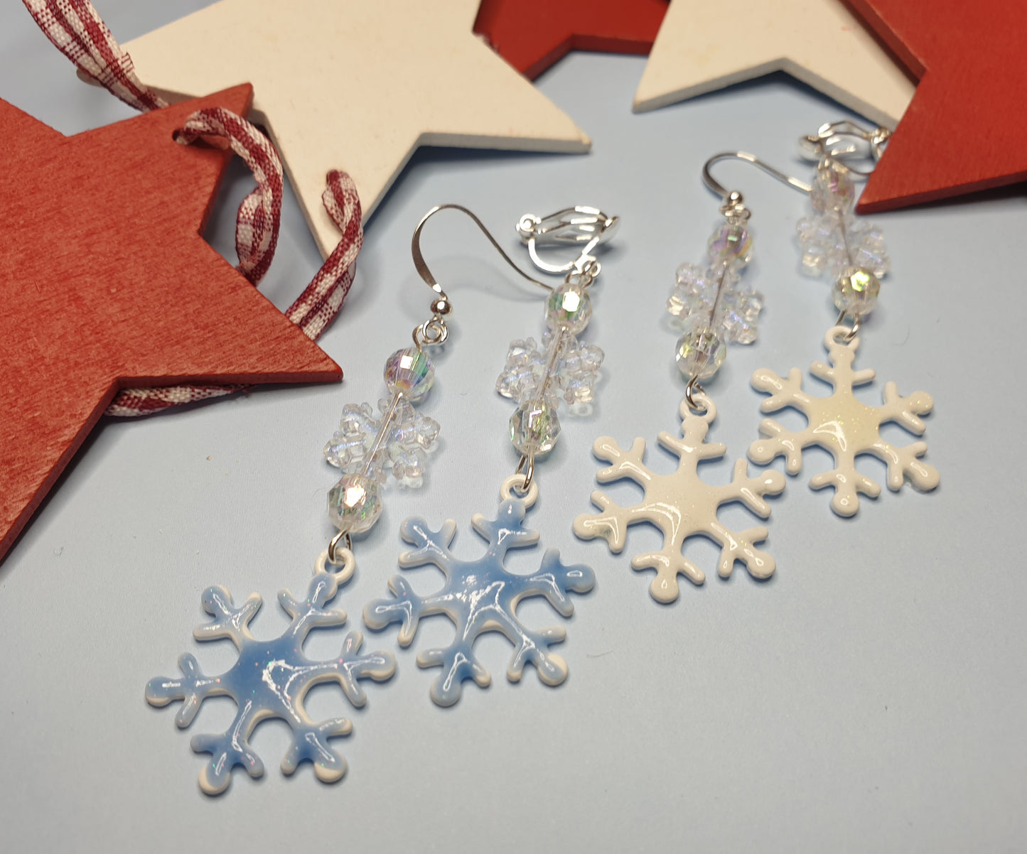 White or Blue Snowflake Earrings with Enamel. Christmas, Winter, Glitter, Gift. Clip On, Hypoallergenic, Allergy, Lead, Nickel Free, Xmas