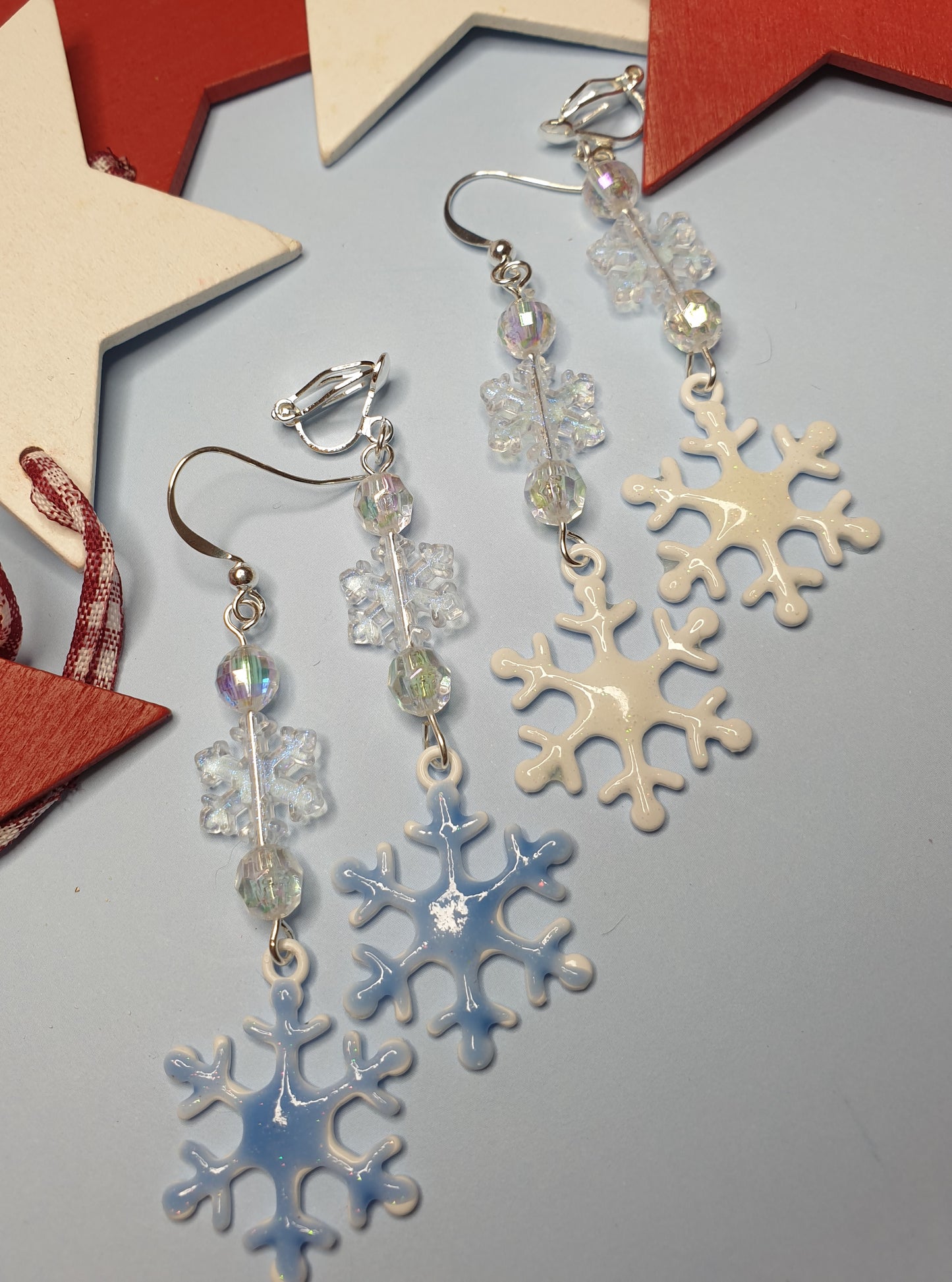 White or Blue Snowflake Earrings with Enamel. Christmas, Winter, Glitter, Gift. Clip On, Hypoallergenic, Allergy, Lead, Nickel Free, Xmas