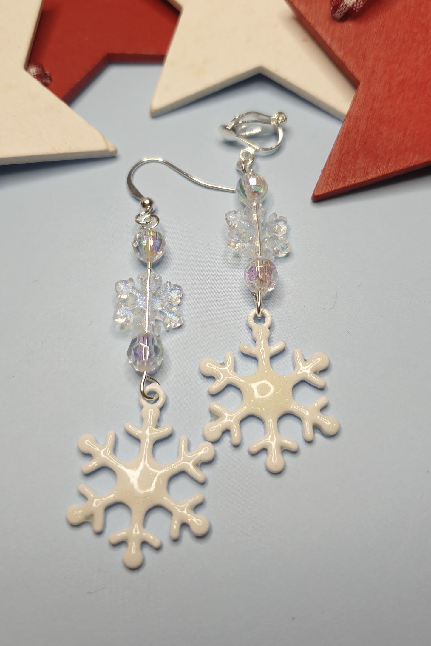 White or Blue Snowflake Earrings with Enamel. Christmas, Winter, Glitter, Gift. Clip On, Hypoallergenic, Allergy, Lead, Nickel Free, Xmas