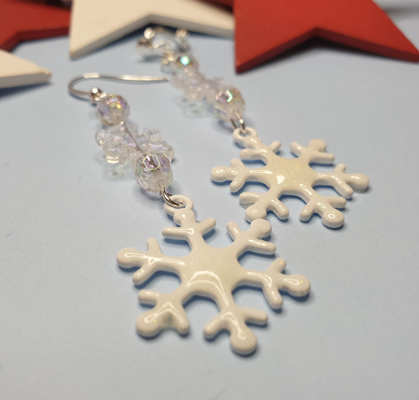 White or Blue Snowflake Earrings with Enamel. Christmas, Winter, Glitter, Gift. Clip On, Hypoallergenic, Allergy, Lead, Nickel Free, Xmas