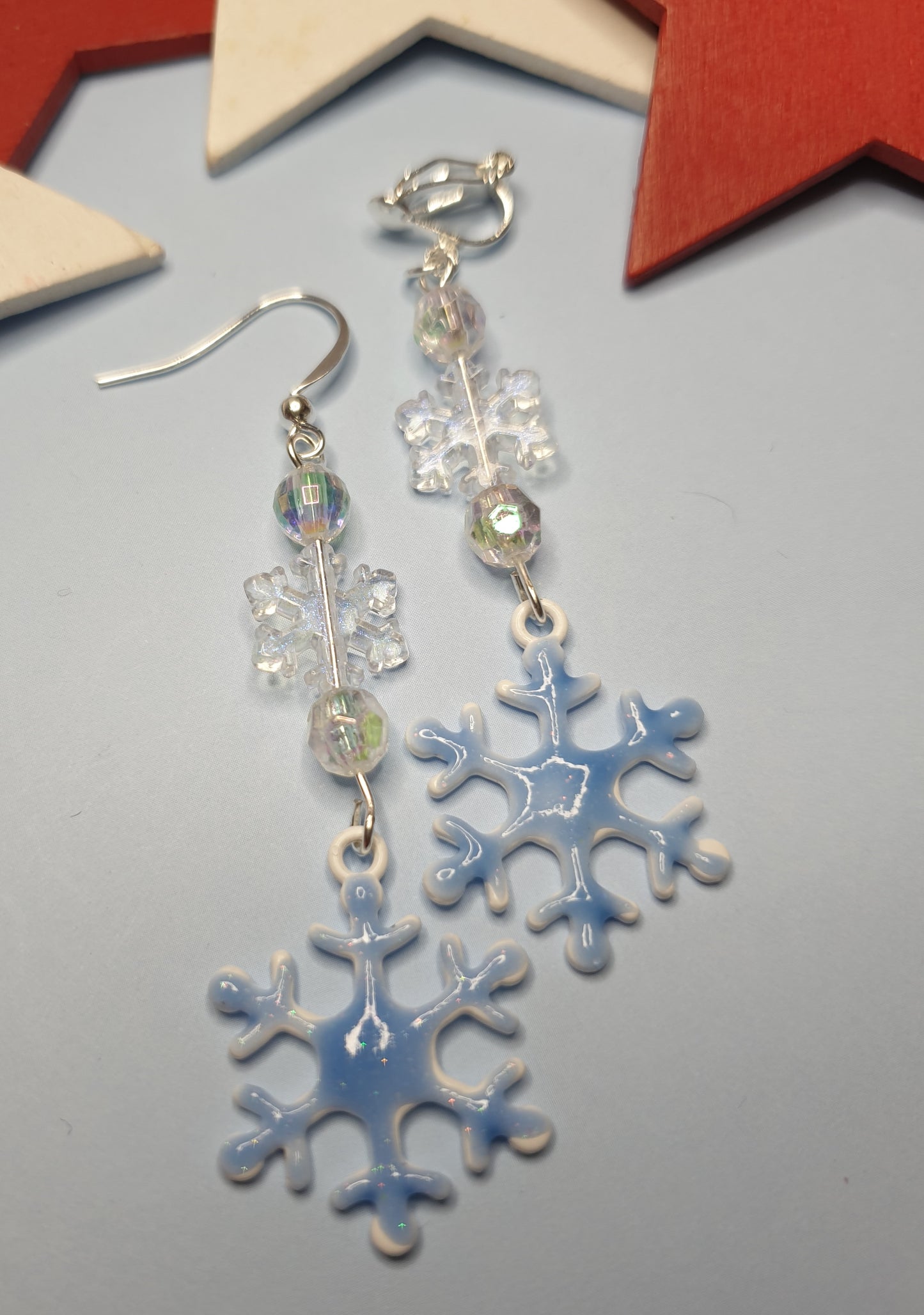 White or Blue Snowflake Earrings with Enamel. Christmas, Winter, Glitter, Gift. Clip On, Hypoallergenic, Allergy, Lead, Nickel Free, Xmas