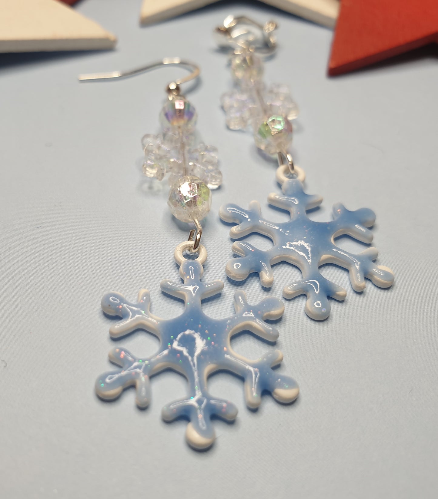 White or Blue Snowflake Earrings with Enamel. Christmas, Winter, Glitter, Gift. Clip On, Hypoallergenic, Allergy, Lead, Nickel Free, Xmas