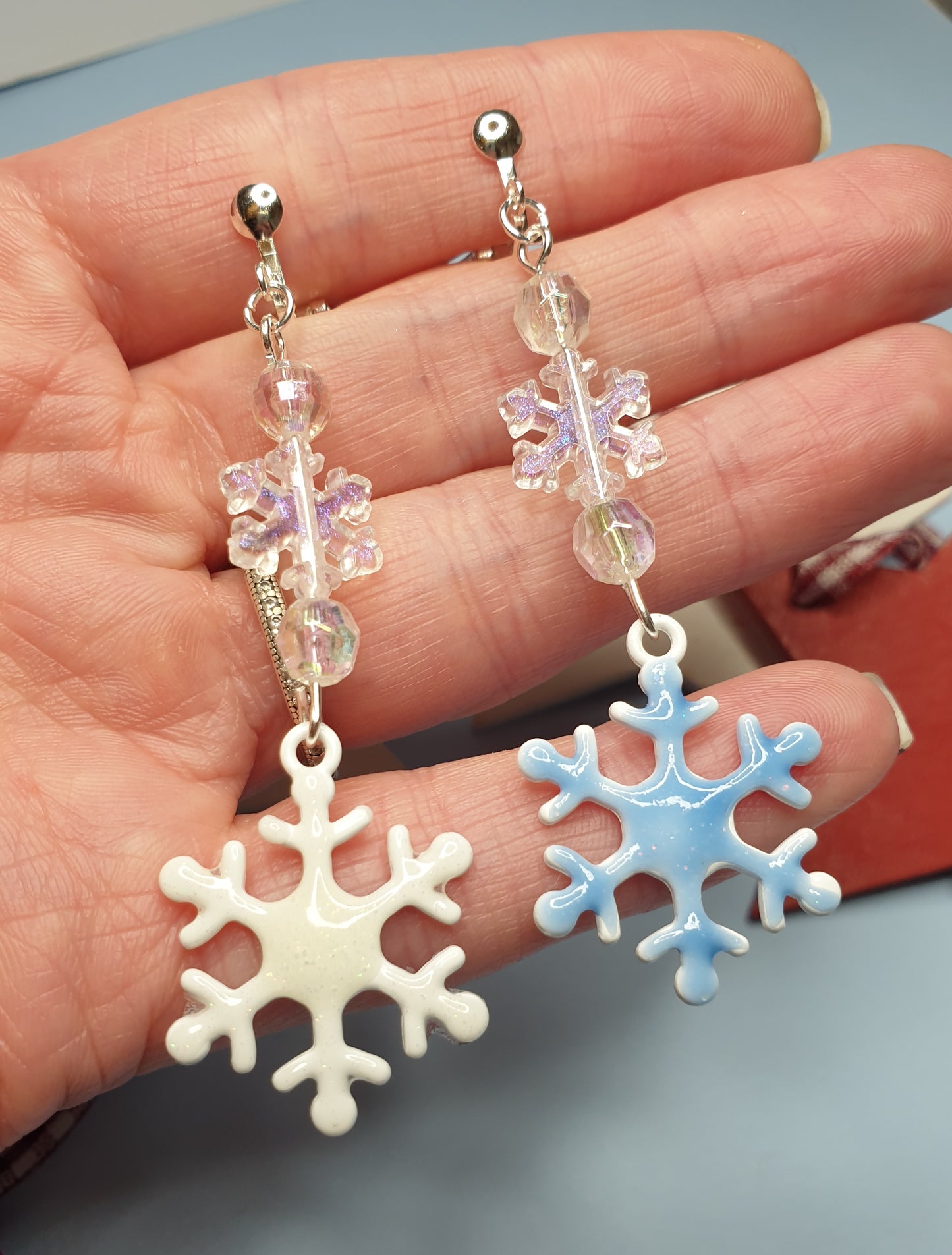 White or Blue Snowflake Earrings with Enamel. Christmas, Winter, Glitter, Gift. Clip On, Hypoallergenic, Allergy, Lead, Nickel Free, Xmas