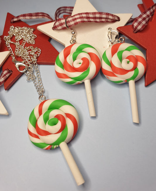 Christmas Lollipop Necklace and Earrings Set. Christmas Jewellery. Quirky Christmas. Nickel Free or Clip Ons