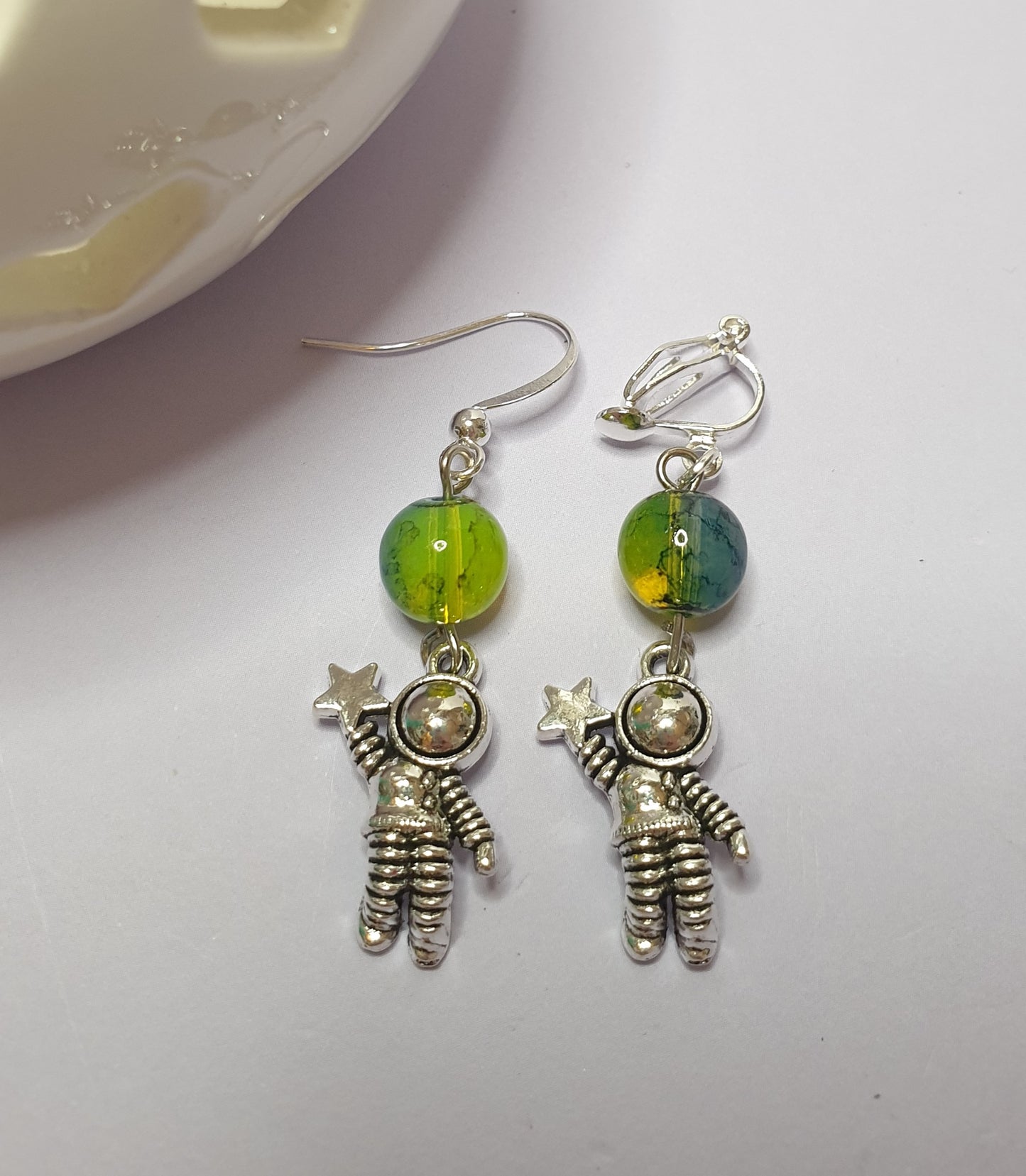 Astronaut Spaceman Earrings with Bead. Nickel Free Wires or Clip Ons