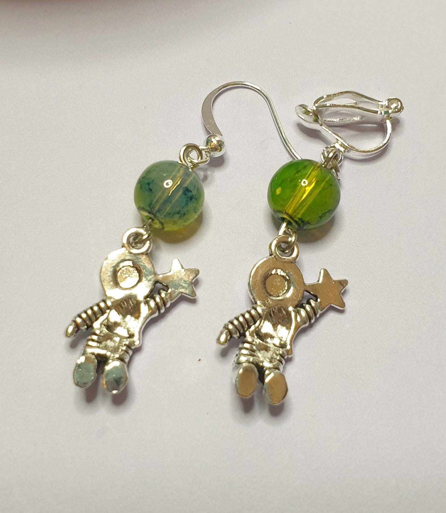 Astronaut Spaceman Earrings with Bead. Nickel Free Wires or Clip Ons