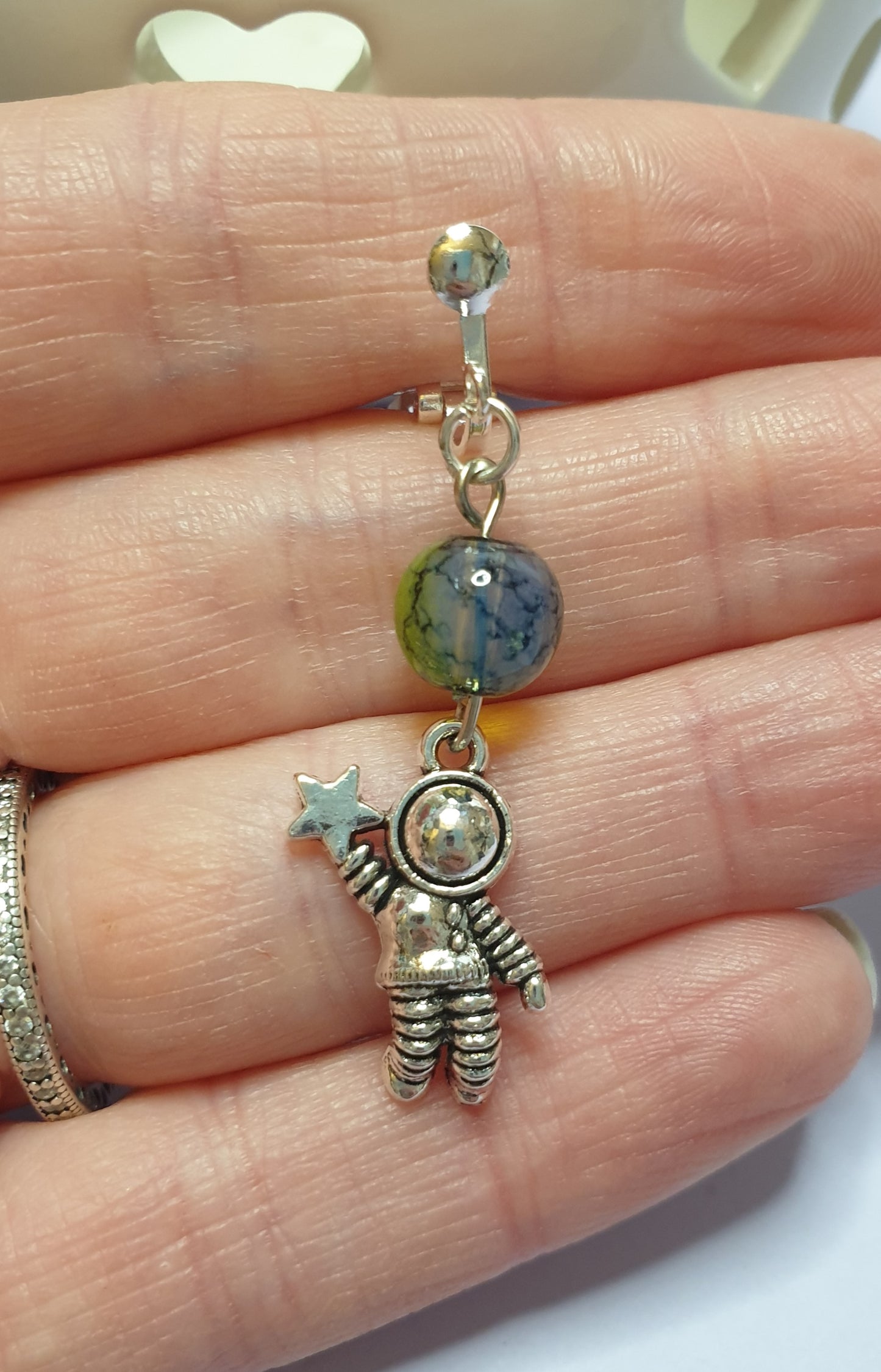 Astronaut Spaceman Earrings with Bead. Nickel Free Wires or Clip Ons