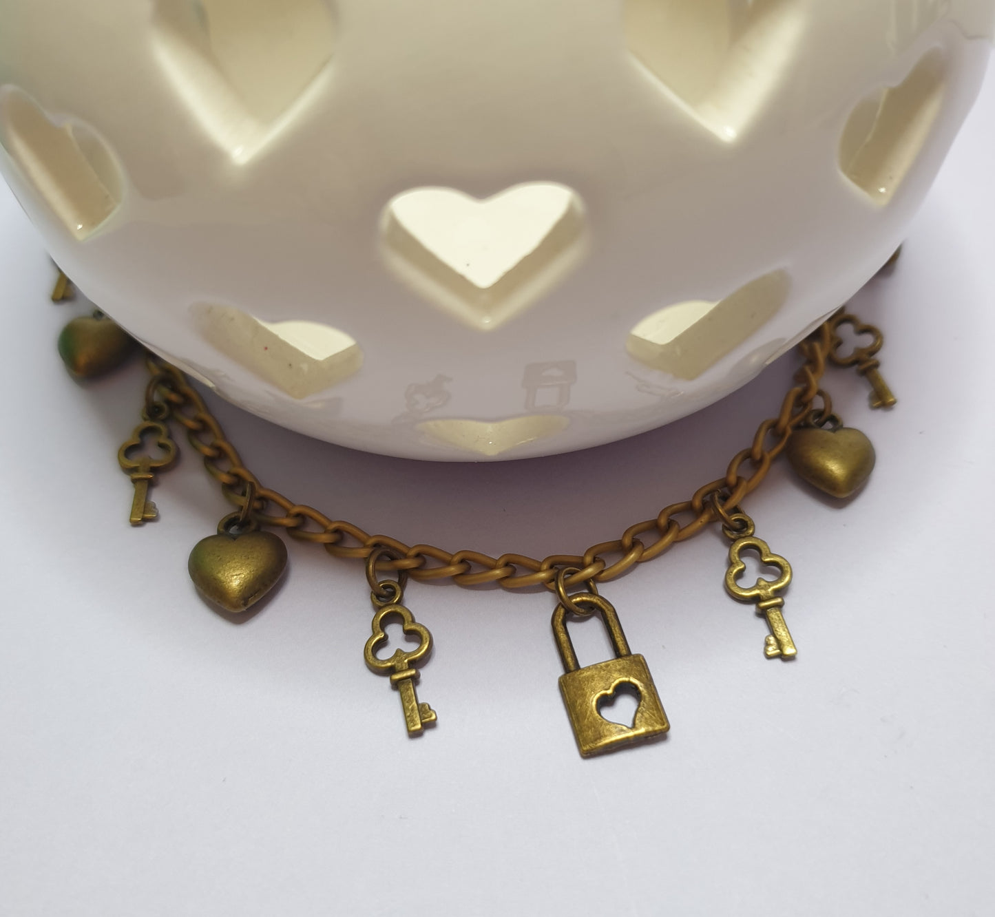 Key To My Heart Charm Bracelet with Hearts, Keys and a Padlock in Bronze