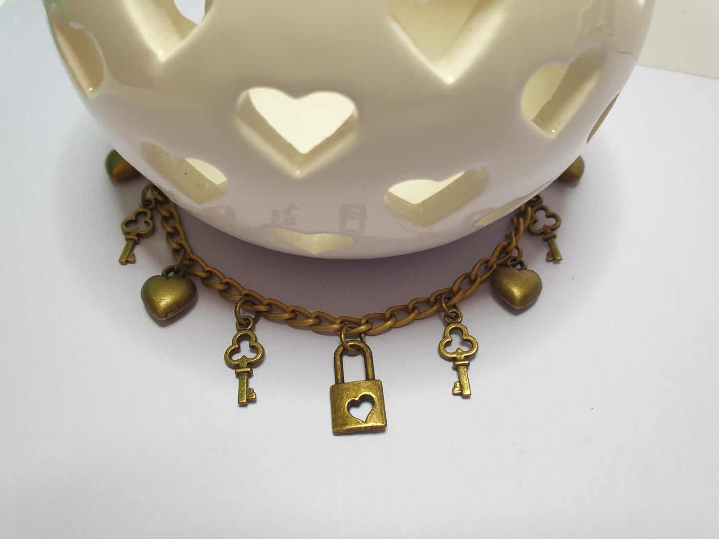 Key To My Heart Charm Bracelet with Hearts, Keys and a Padlock in Bronze