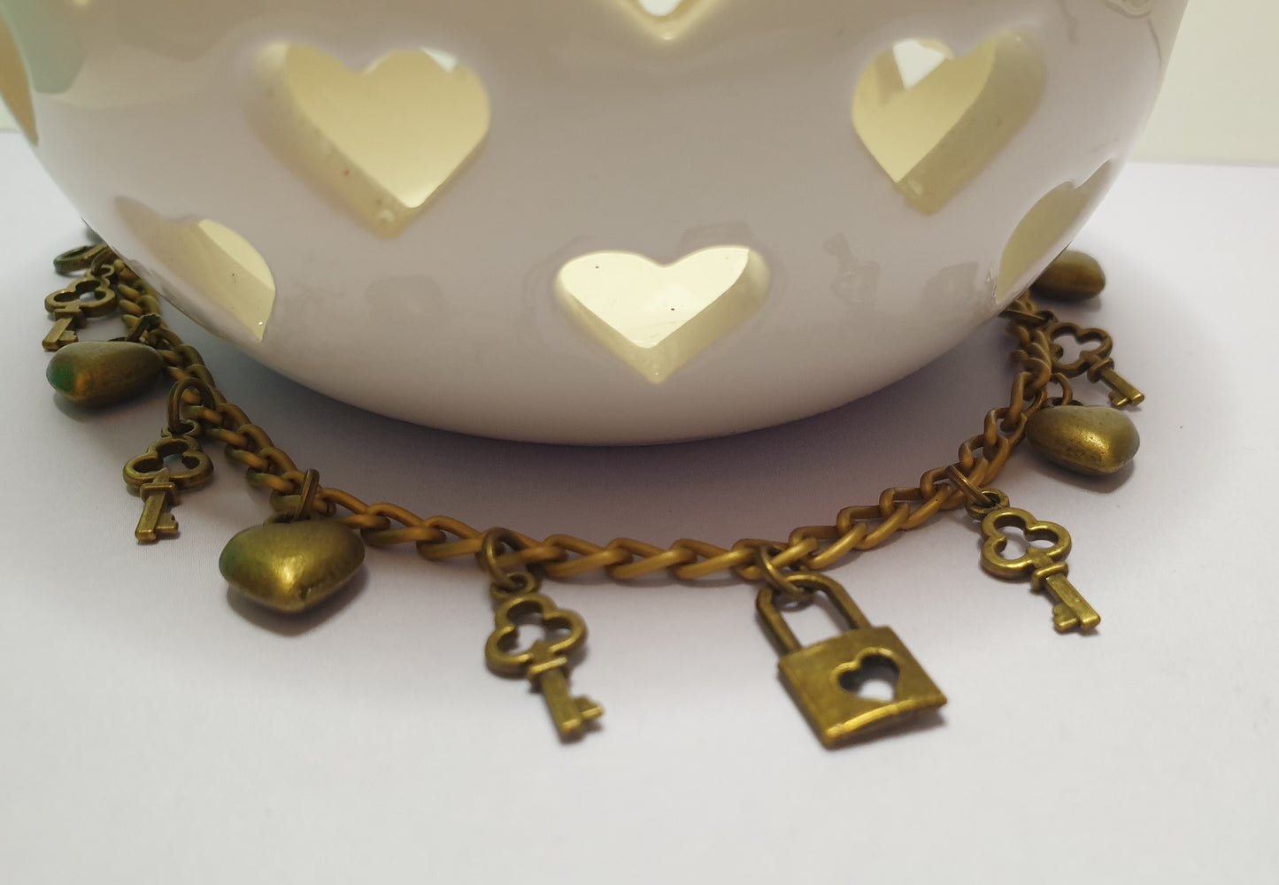 Key To My Heart Charm Bracelet with Hearts, Keys and a Padlock in Bronze