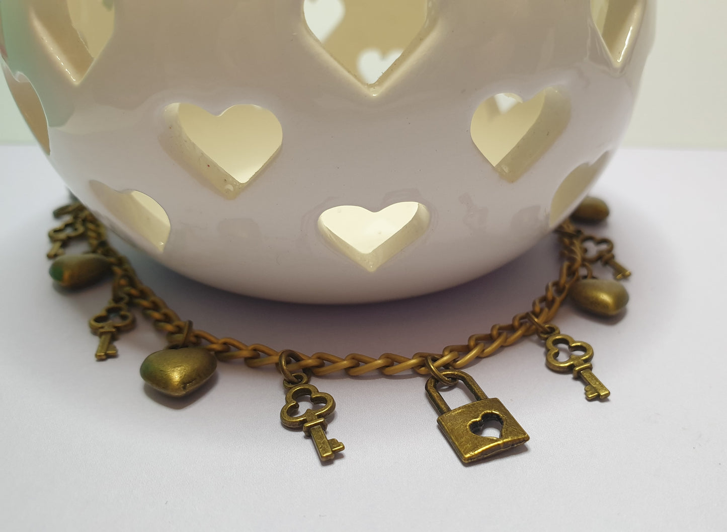 Key To My Heart Charm Bracelet with Hearts, Keys and a Padlock in Bronze