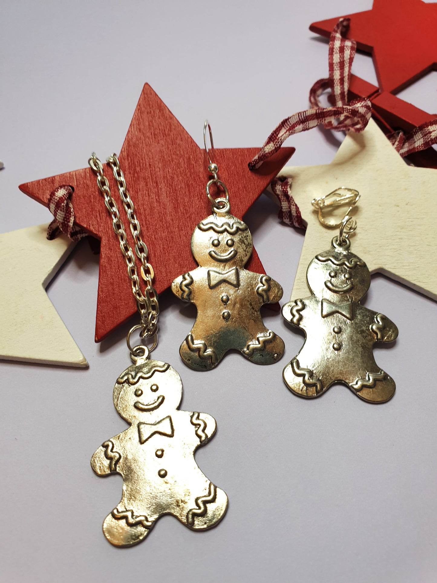 Silver Tone Gingerbread Man Necklace and Earrings. Nickel Free Wires or Clip Ons