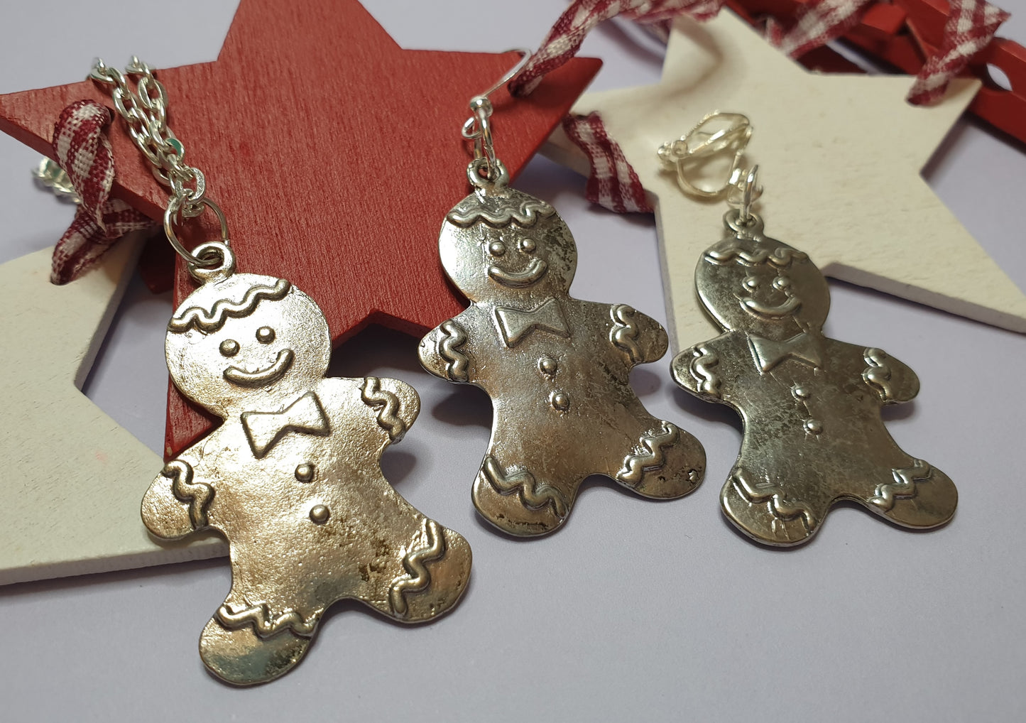 Silver Tone Gingerbread Man Necklace and Earrings. Nickel Free Wires or Clip Ons