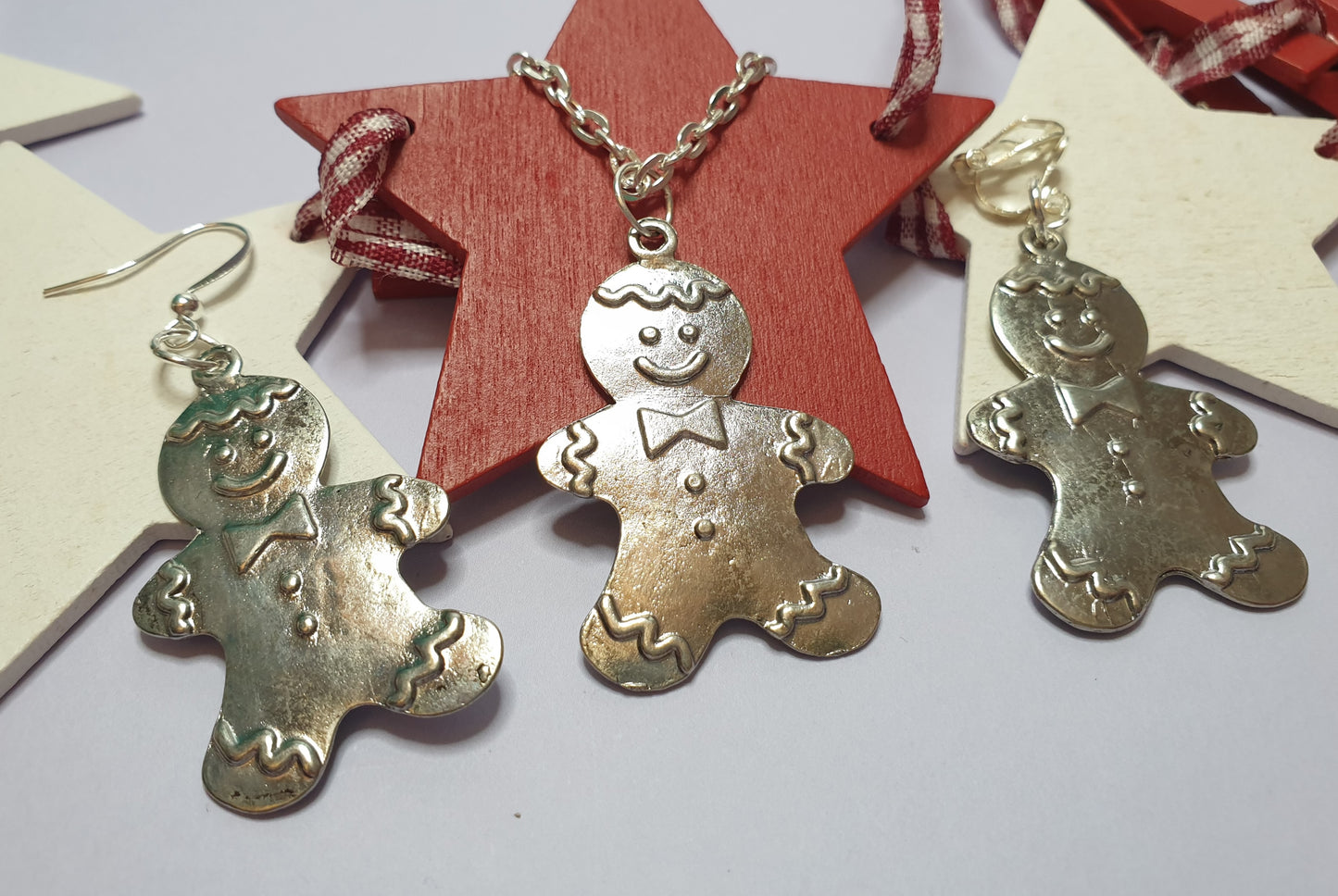 Silver Tone Gingerbread Man Necklace and Earrings. Nickel Free Wires or Clip Ons